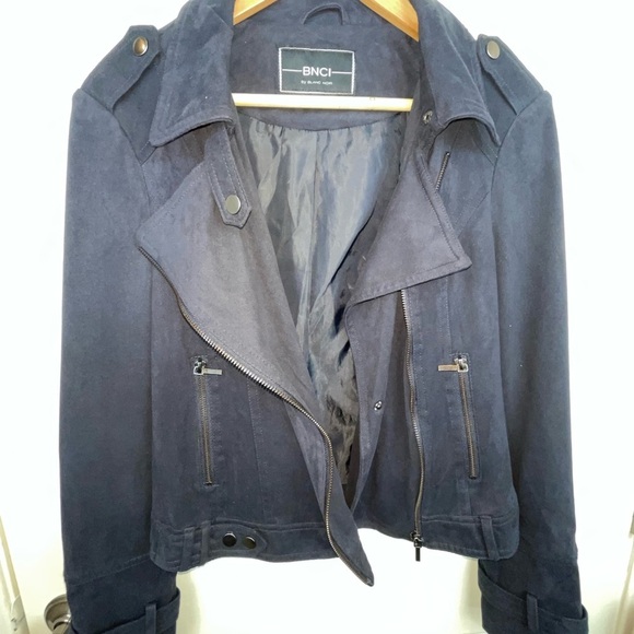 Blank Noir Faux Suede Navy Moto Jacket S - Picture 6 of 17